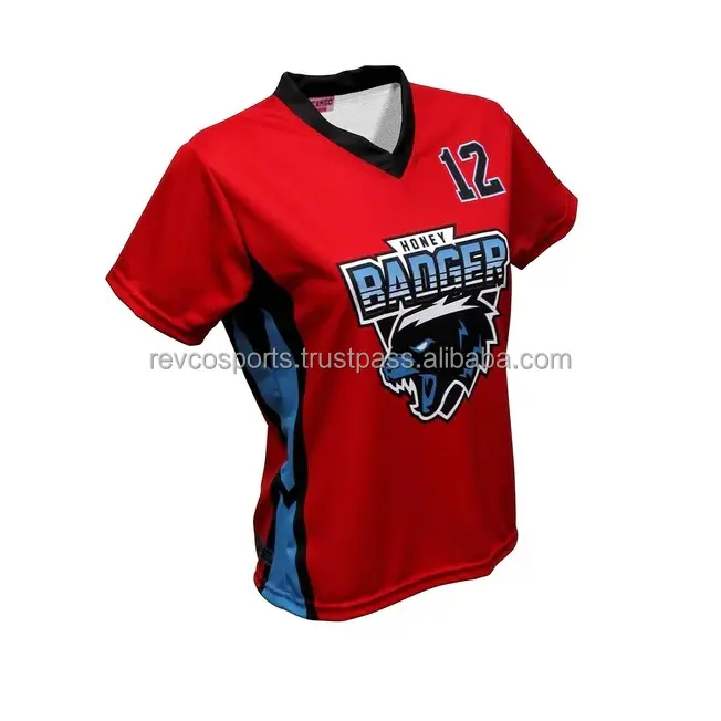 Da donna abbigliamento sportivo maglie da Baseball con scollo a V maglia da Softball a maniche corte per ragazze magliette da Baseball di colore rosso e azzurro