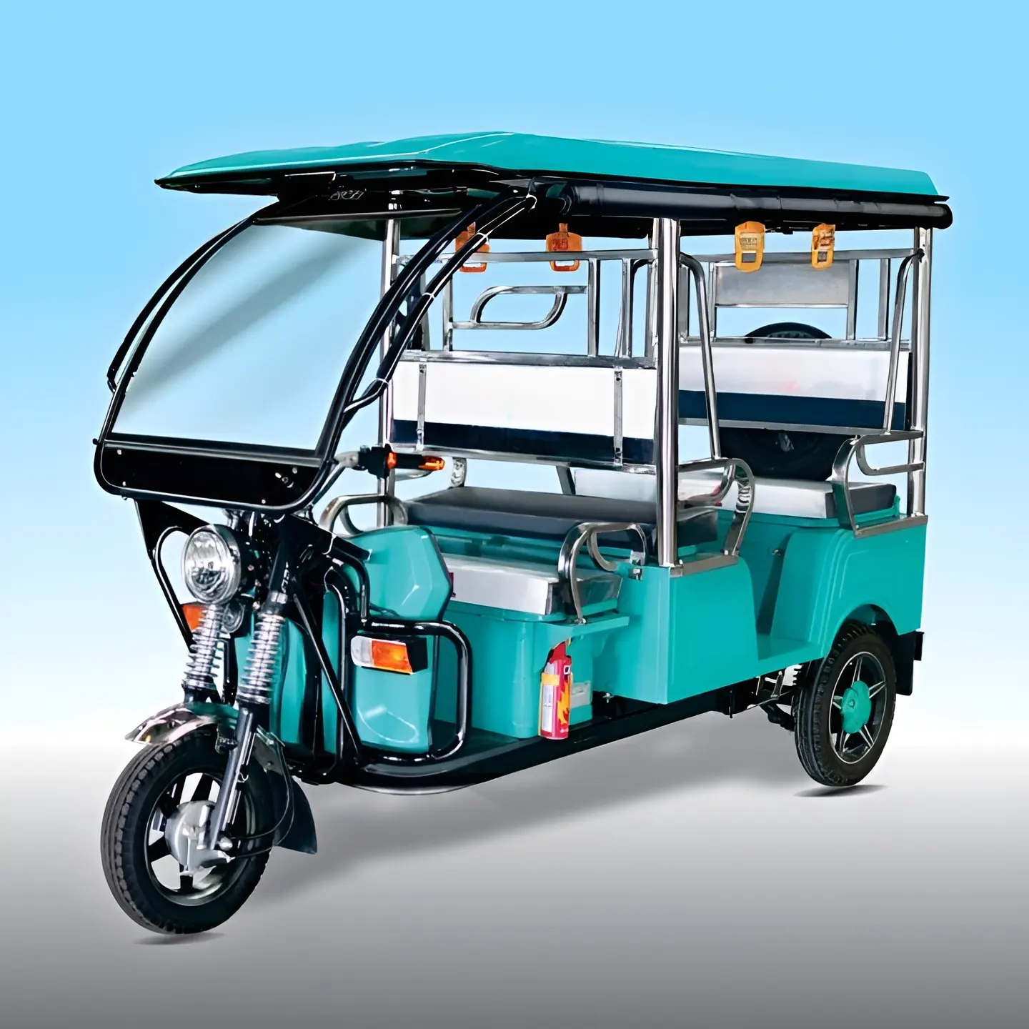 4 सीटर L3 श्रेणी यात्री EV रिक्शा 48V मोटर लीड एसिड बैटरी 145AH और मेटल रूफ इलेक्ट्रिक ट्राइसाइकिल शैली