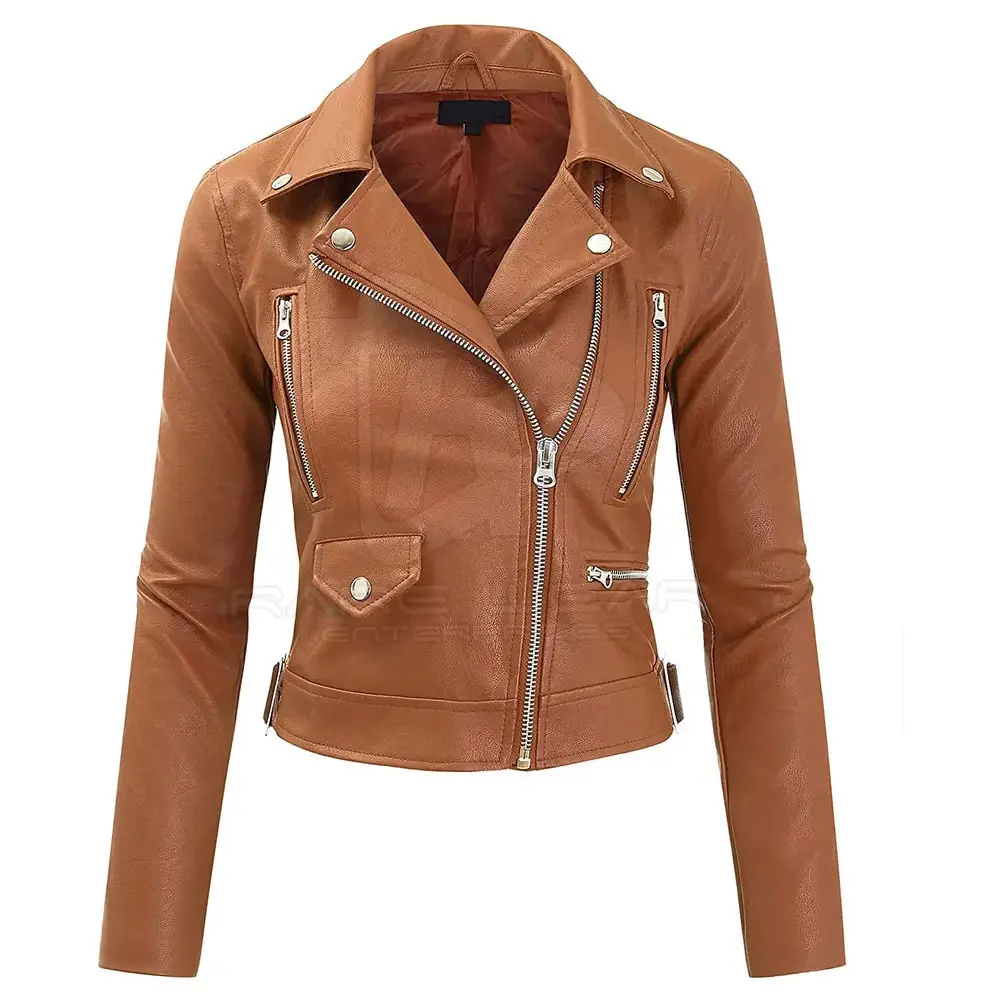 Veste en cuir de moto à col montant de couleur unie Grande veste en cuir Veste pour femme à vendre