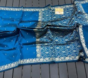 Özel yapılmış brokar ipek sarees kraliyet mavi renkli ve güzel büyük sınır saree mağazaları ve moda tasarımcıları için yeniden satış - Product Image 4