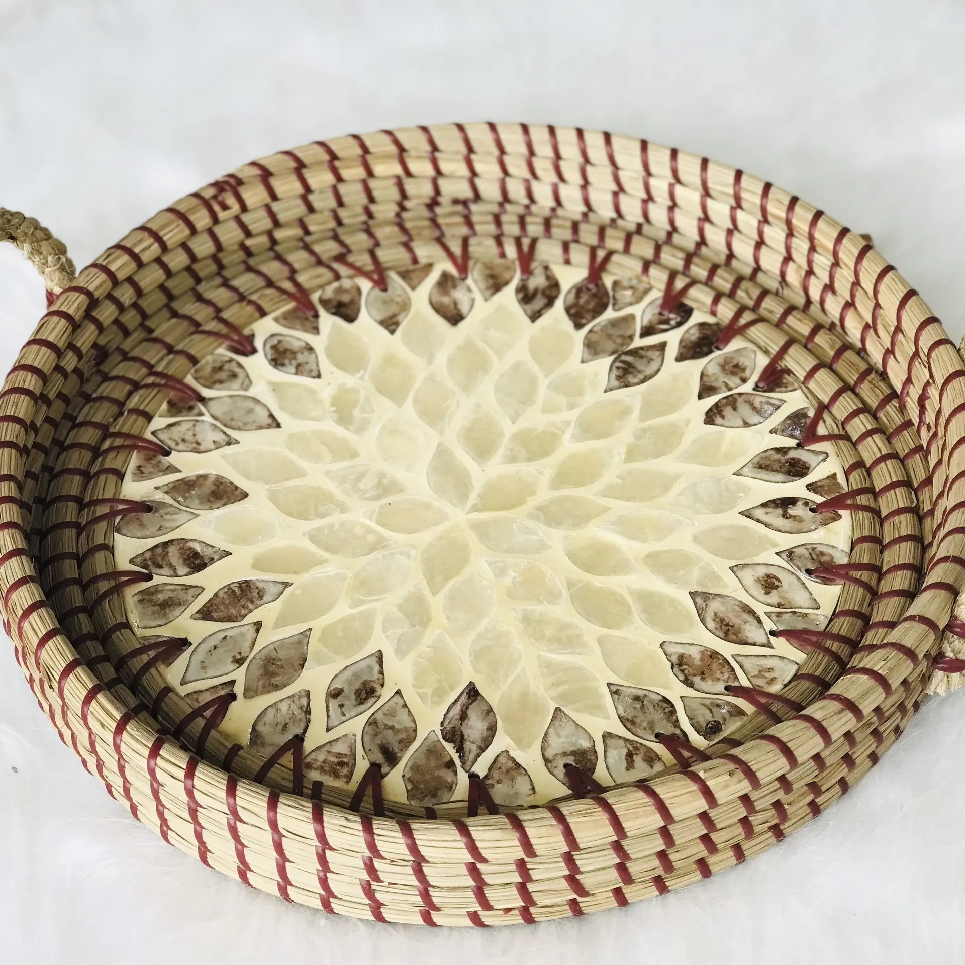 Bandeja redonda decorativa con plato de perlas, vajilla de porcelana redonda personalizada con mano