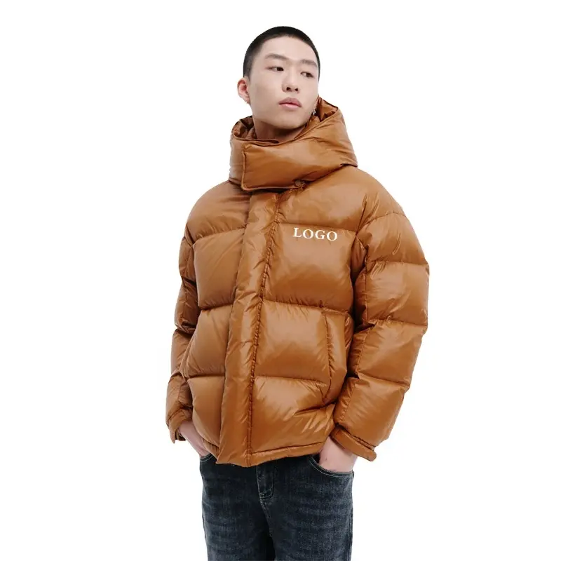 Veste d'hiver chaude et surdimensionnée en duvet épais de couleur unie avec logo OEM personnalisé manteau à capuche à manches longues pour hommes