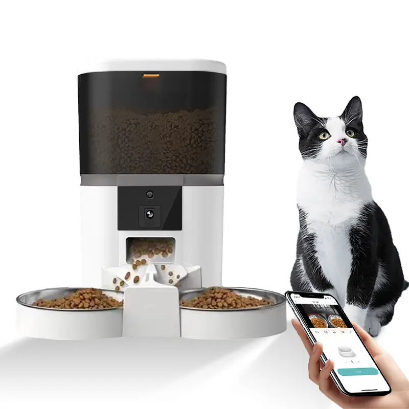 Video Automatic Cat Double Basin Feeder - Timed pet feeder for cats and dogs with dry food dispenser automatic pet feeder