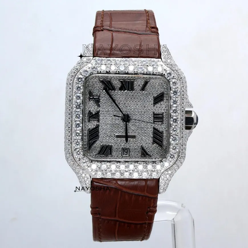 Design personnalisé ceinture en cuir marron entièrement glacé Buss vers le bas cadran carré VVS clarté blanc Moissanite diamant montre pour hommes au prix d'usine