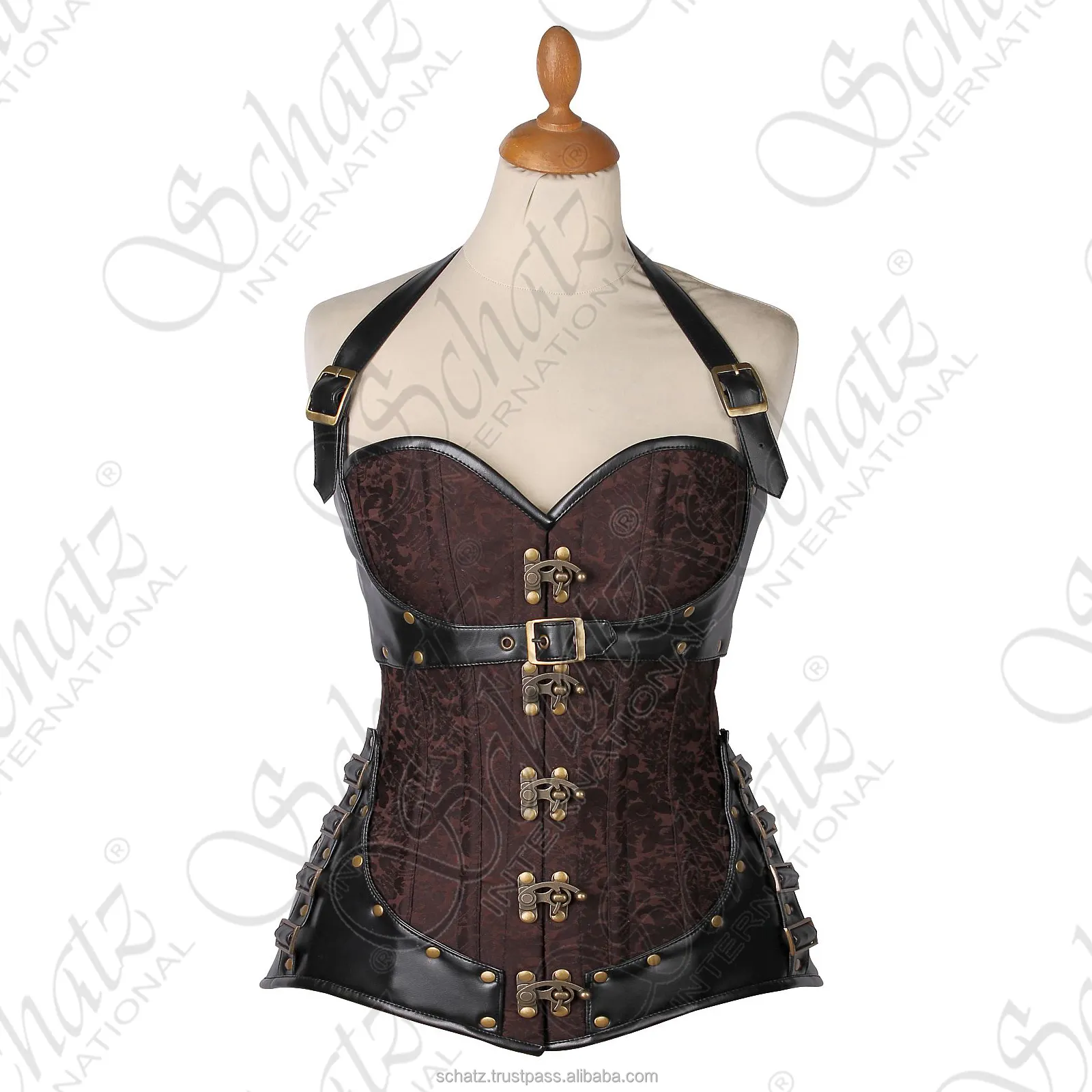 Kadın korse Mujer gotik Steampunk kostüm seksi Lace Up en kaliteli Pu deri korse büstiyer kahverengi Punk Corselet Shapewear