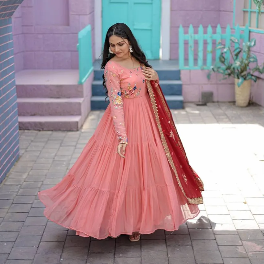 Gaun katun Salwar Kameez Anarkali gaun Anarkali setelan gaun Salwar Kameez untuk wanita gaun India