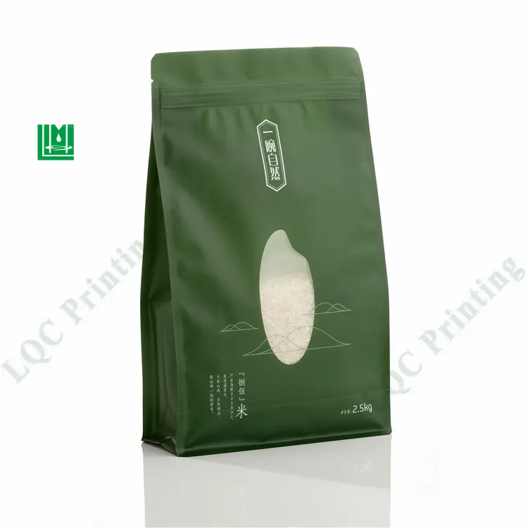 Stand up sacchetto per imballaggio di riso in carta kraft marrone con chiusura lampo personalizzata 1kg