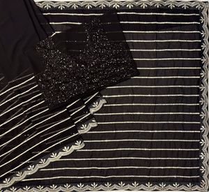<strong>Bollywood</strong> New Trending Hina Khana <strong>Bollywood</strong> BlockBuster Black Colour Sequins Design Saree