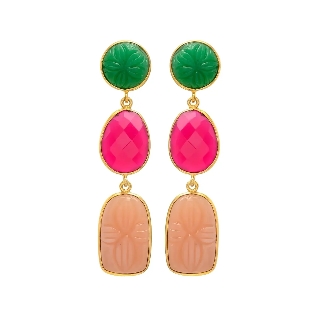 Boucles d'oreilles calcédoine plaqué or rose-vert-rose naturel fuchsia | Boucles d'oreilles Designer Four Gemstones pour femmes