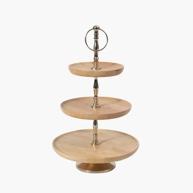 Simple Wooden Cake Stand Wedding & Party Use Decorative 3 Tier Rounded Wooden Cake Stand With Metal handle For Sale
