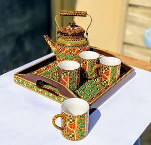 スワティ伝統芸術手描きセラミックカップとスチールティーポットセット、ケトルセット付き手描きデザイナーセラミックティーカップセット - Product Image 3