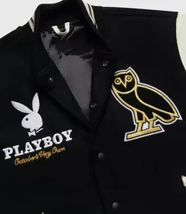 OVO Play男孩黑白校队夹克皮袖莱特曼夹克