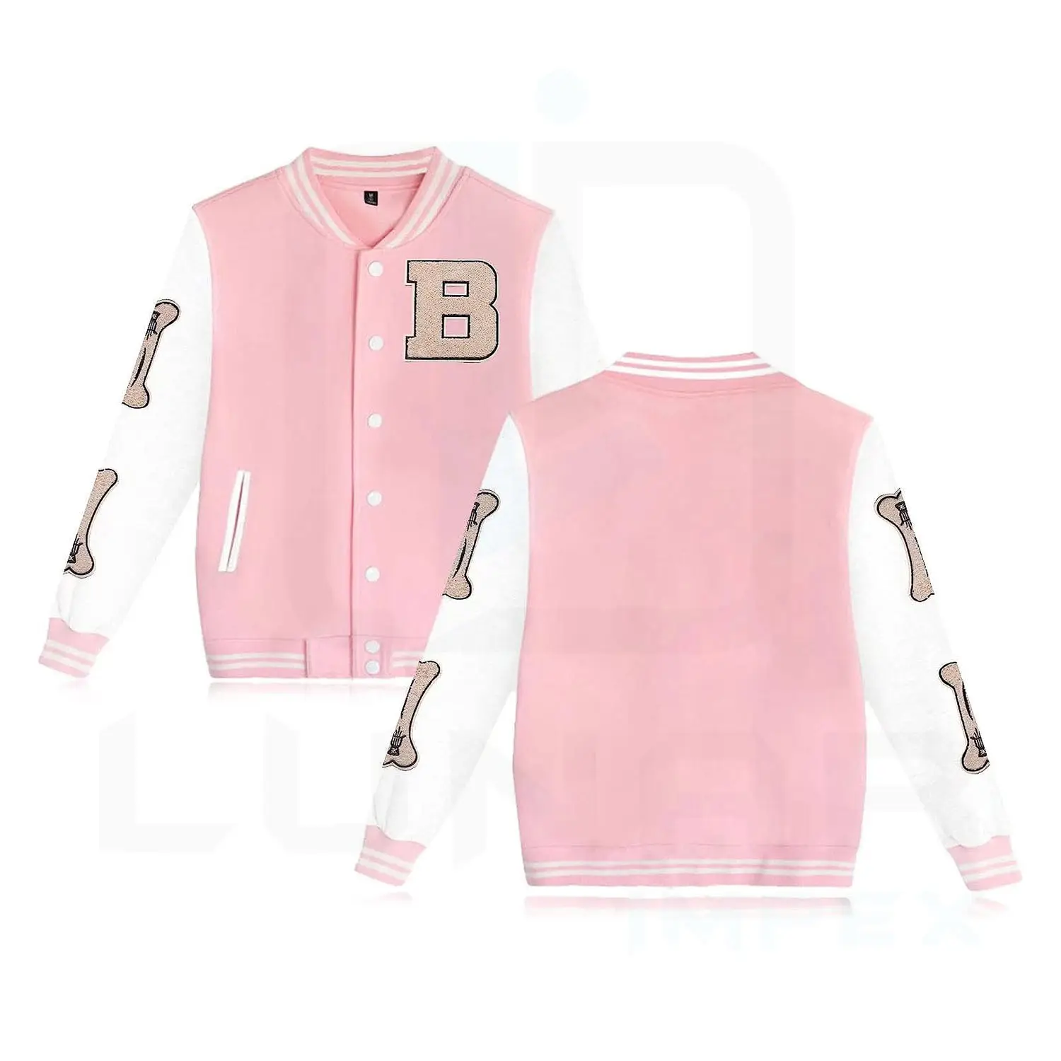 Combinação de Algodão Poliéster Homens Mulheres Varsity Jackets Baseball Bomber Jacket Com Fecho Botão Na Cor Rosa