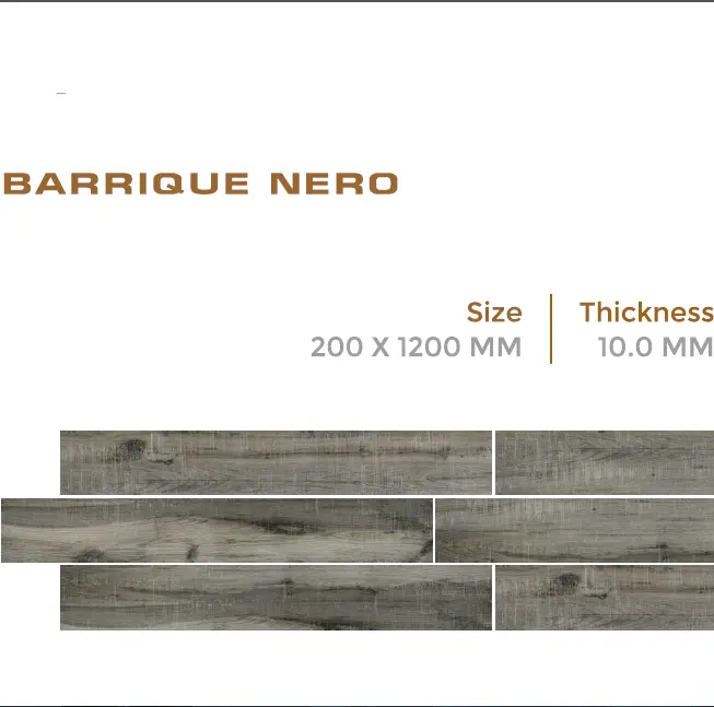 Porcelain Wooden Planks Tiles in 200x1200mm in Model "Barrique Nero" in Wood Finish by Novac Ceramic India for Bedroom Flooring