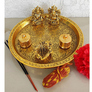 Direct from Indian supplier Brass Deep Embossed Design <strong>Shree</strong> Ganesh &amp; Laxmi 6 Pieces Set <strong>Pooja</strong> Thali, Width-23.11 cm - Product Image 5