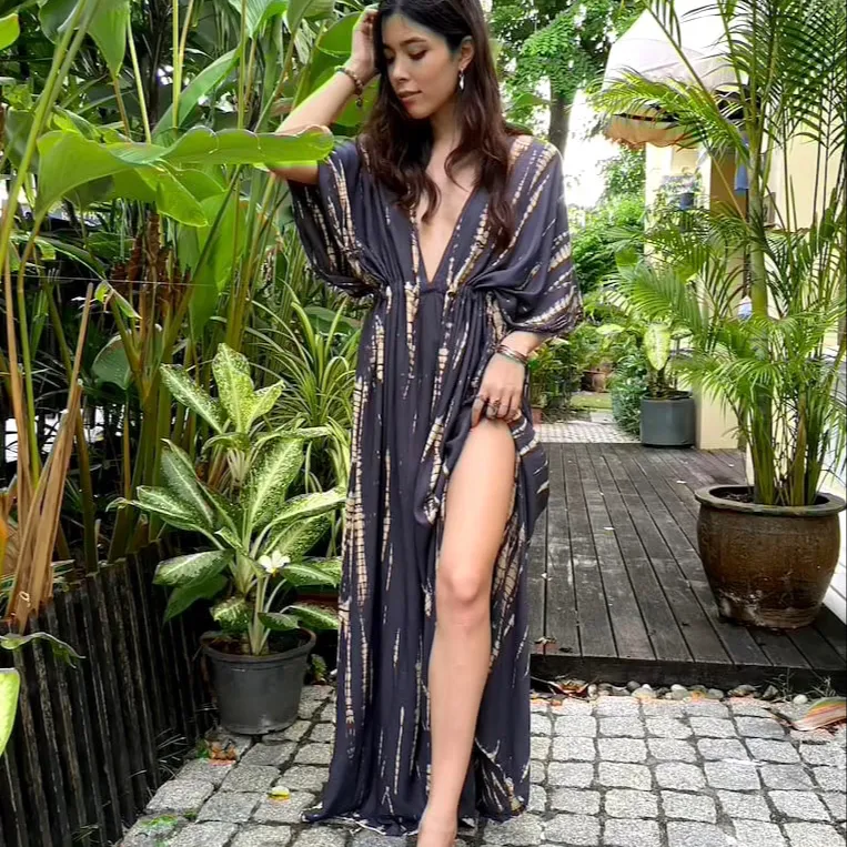 Boho Damen bekleidung Hersteller Tie Dye Kaftan Baumwolle Loose Fit Wear Maxi kleid V-Ausschnitt Ziemlich langer Kaftan Badeanzug Beach Co.