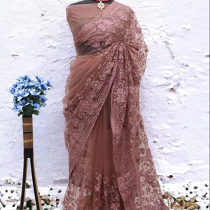 Beautiful Girls' Pakistani <strong>Sari</strong> Soft Net with Embroidered Viscose Thread Sequence Work for Weddings or Parties - Product Image 1