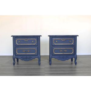 Handmade Pháp tỉnh chàm màu xanh gỗ gụ nightstands với điểm nhấn vàng trang trí công phu 2-ngăn kéo Bàn Cạnh Giường ngủ cổ điển bedro - Product Image 4