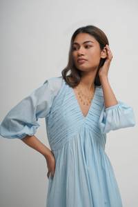Şehir gökyüzü mavi organik pamuk Maxi elbise kızlar rahat gevşek Fit artı boyutu Boho tunik cepler Midi katmanlı katmanlı tasarım