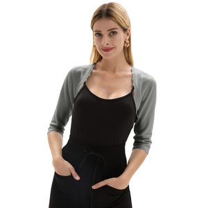OEM 3/4 kollu açık ön Copped taraklı örgü kazak Bolero shwomen kadınlar için
