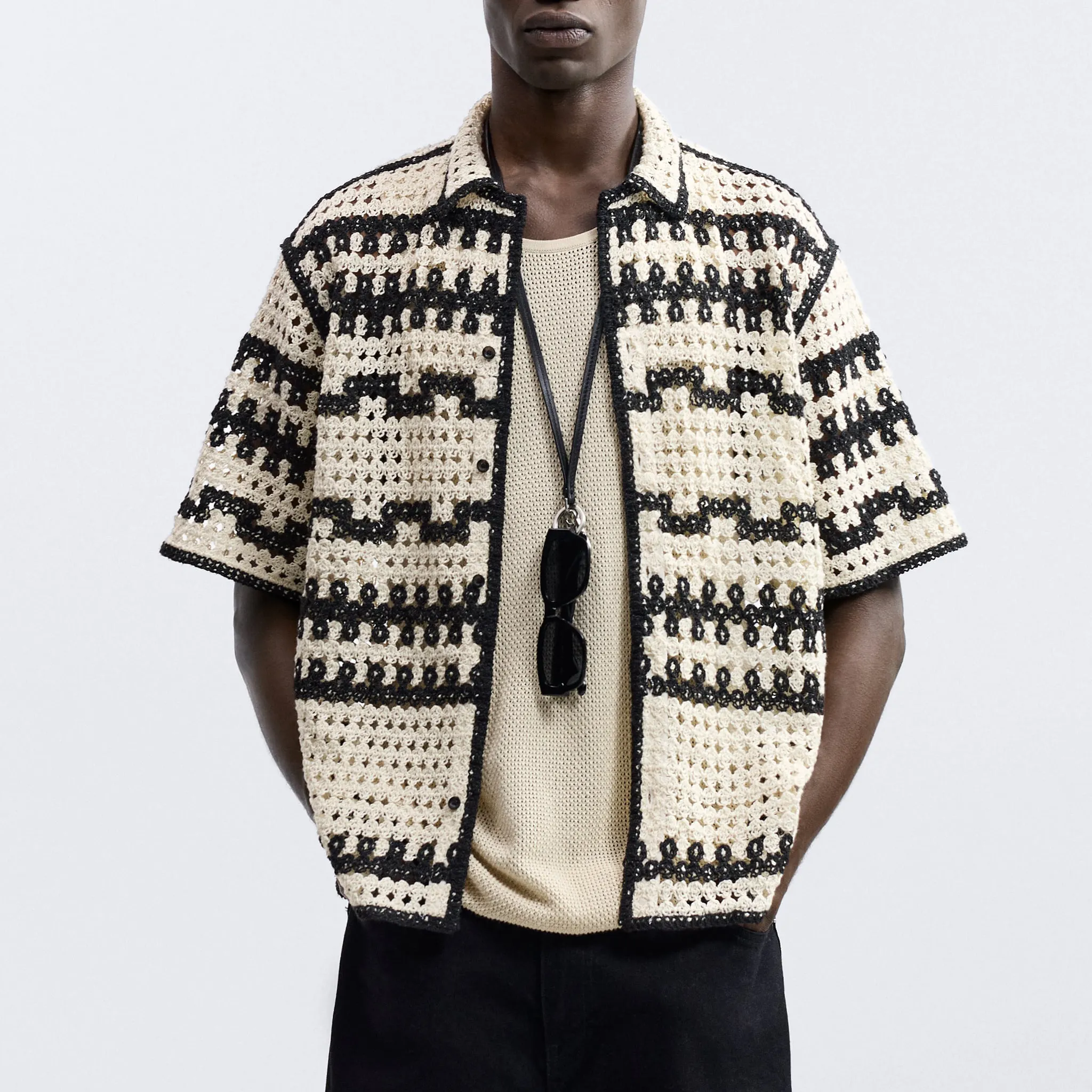 LeBo wholesale custom men hollow out knit crochet sweater button up contrast crochet short sleeve shirt