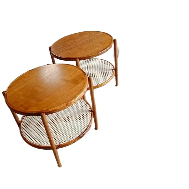 22022 nouveau design vente en gros, ensemble de café à thé en rotin en bois massif à double pont, meubles de table en bois en verre trempé