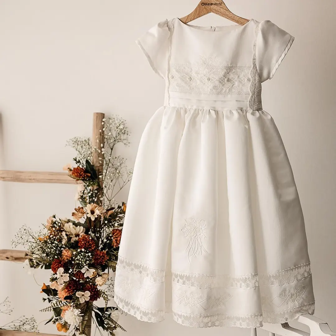 Baptism Hand Embroidery Machine Embroidery Lace White Vintage Baby Girl Christening Taffeta Dress Princess Ball Gown - Victoria