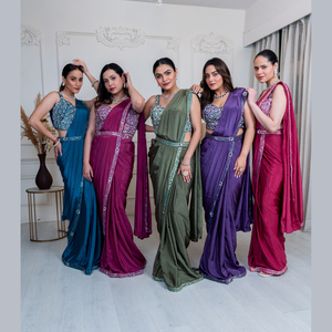 Stunning Cerulean Blue <strong>Designer</strong> Saree in Chinnon Pre-Stitched with Sparkling Zircon Stones Detailing or Handwork from India - Product Image 4