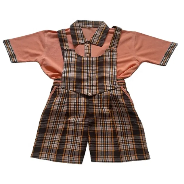 Primary school Girls Cotton checks short bib and white polo t-shirt uniform for Primary School Students