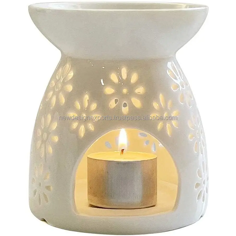 Cerâmica Tea Light Holder Aromaterapia Oil Burner Wax Warmer Tealight Holder com padrão Floral Branco para o Dia dos Namorados Presente