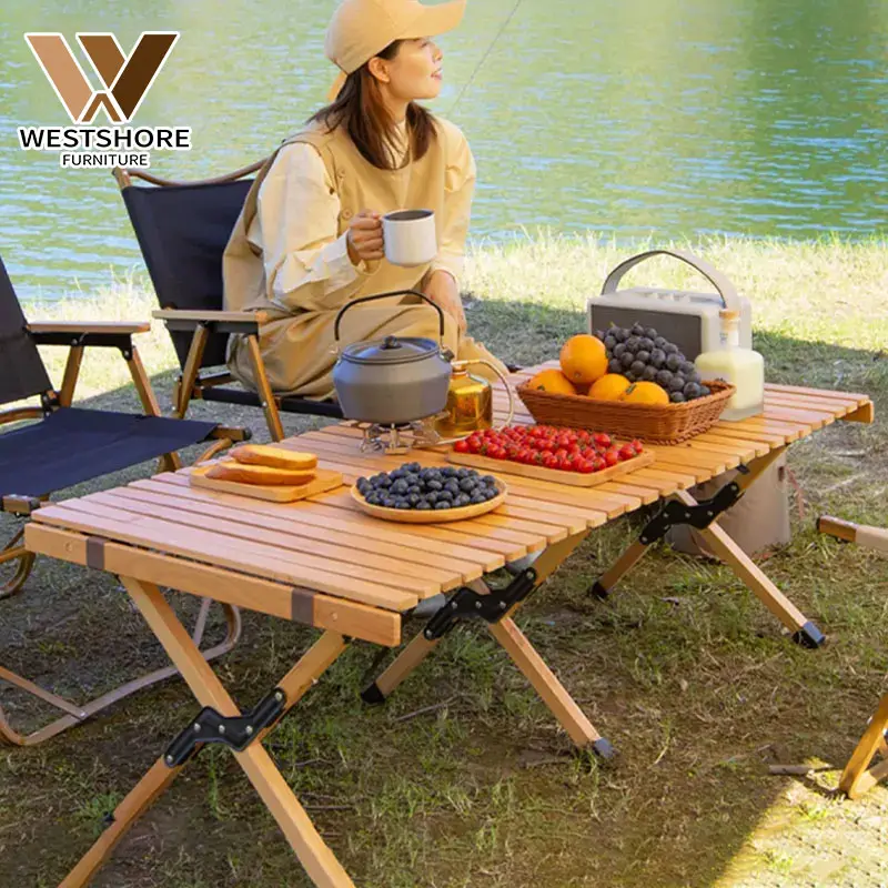 Mesa de barbacoa de pícnic portátil al aire libre, mesa de rollo de huevo para acampar, viaje de autoconducción, mesa plegable de madera maciza para Picnic en casa