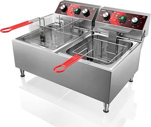 批发价薯条和炸鸡餐厅不锈钢台面商用双罐电炸锅带柜 - Product Image 6