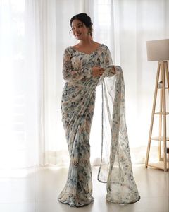 Net ağır nakış Saree düğün festivali hint gelin hafif kadınlar Sari kadınlar Boho elbise Sarees hazır giymek - Product Image 2