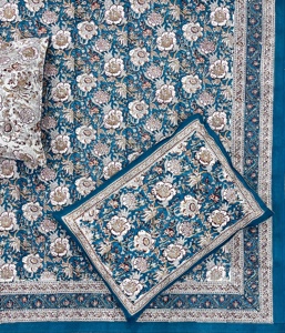 Classic Blue Cotton Bed <strong>Sheet</strong> Big Floral Print Bohemian Style 2 Reversible Pillow Cases Hand Block Printed <strong>Jaipur</strong> Cooling - Product Image 4