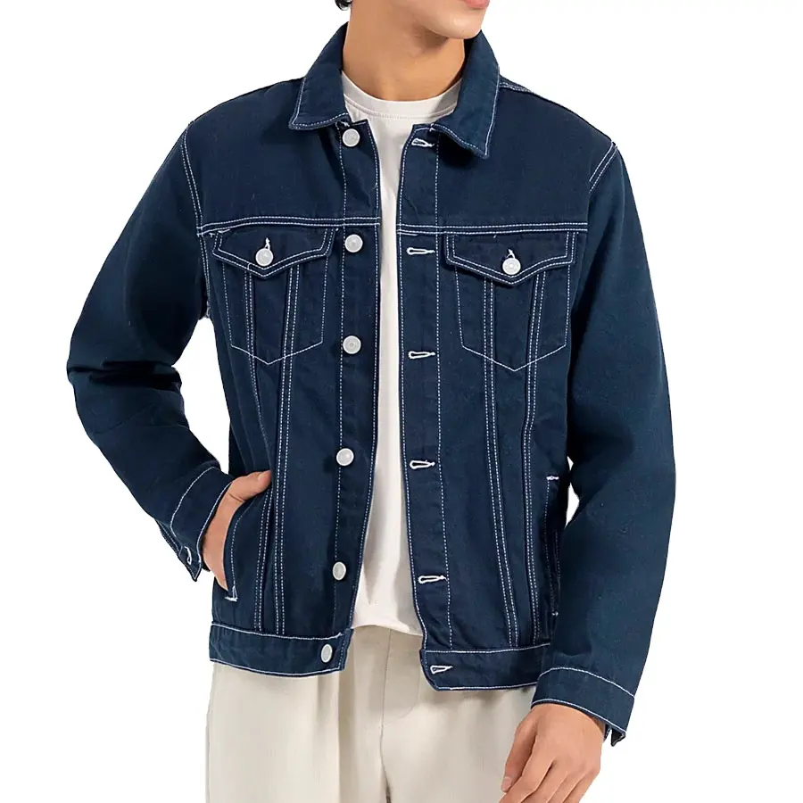 Veste en jean de couleur bleu foncé pour homme, Design le plus élégant, avec coutures blanches, fabriquée par 2023 à bas prix, AL-FARAJ