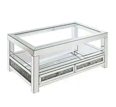 Luxury modern style high end home coffee table storage space tempered glass top silver color mirror Glass coffee table