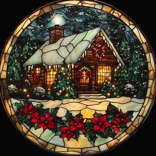 Snowy cabin with poinsettias