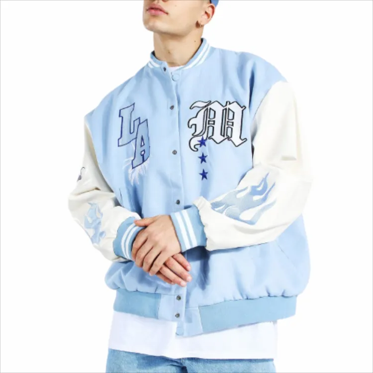 OEM custom chenille embroidery logo leather sleeves light blue baseball bomber letterman jacket for men