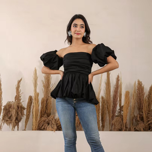 Doğal saf pamuklu bluz katı siyah kabarcık 3 yollu Styling büstü monte üst ayrılabilir kısa balon kollu ile mevcut büyük boy