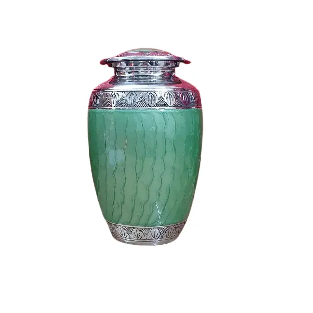 Urna de cremación de latón plateado y verde, recipiente de cenizas funerarias de recuerdo sólido, fabricante de urna barata y duradera