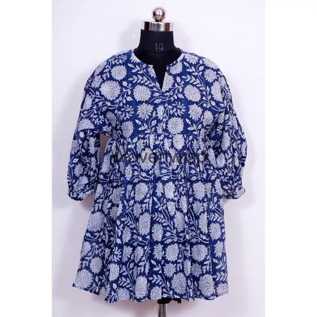 2024 New Arrival Ladies Cotton Hand Block Print Short Casual Dress with V-Neck Women's Party Wear Style Clothes