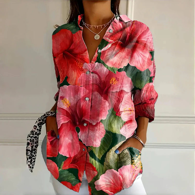 Shirt with red flowers and green leaves