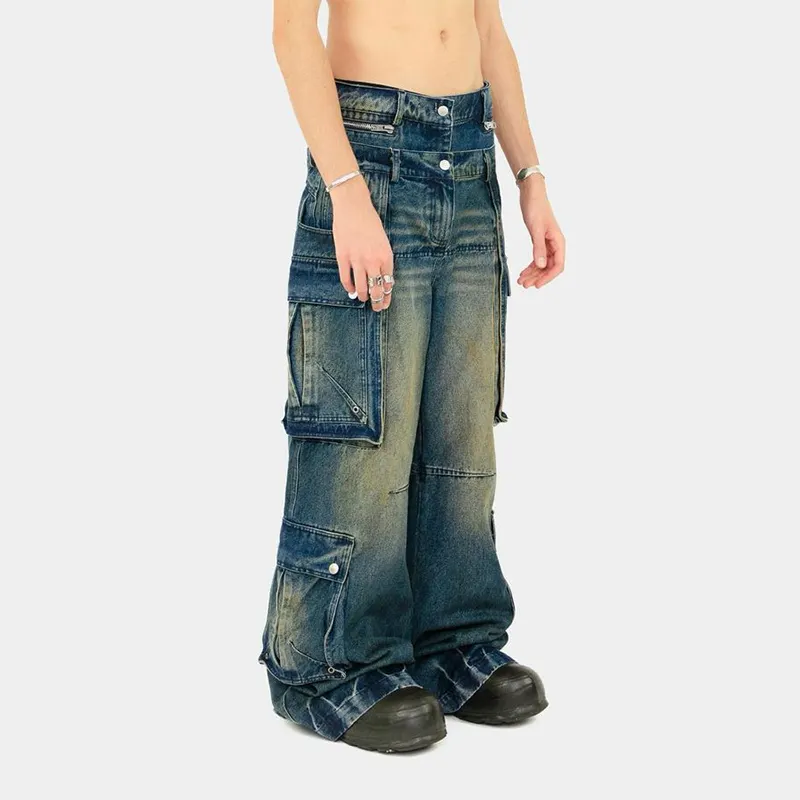 DIZNEW Jeans personalizados para hombre, ropa de calle, pantalones vaqueros de pierna ancha de cintura alta, pantalones vaqueros de carga holgados rectos sueltos lavados con piedra