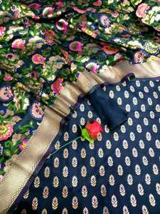 定制蓝色锦缎丝绸纱丽，花卉刺绣，非常适合印度服装店转售 - Product Image 6