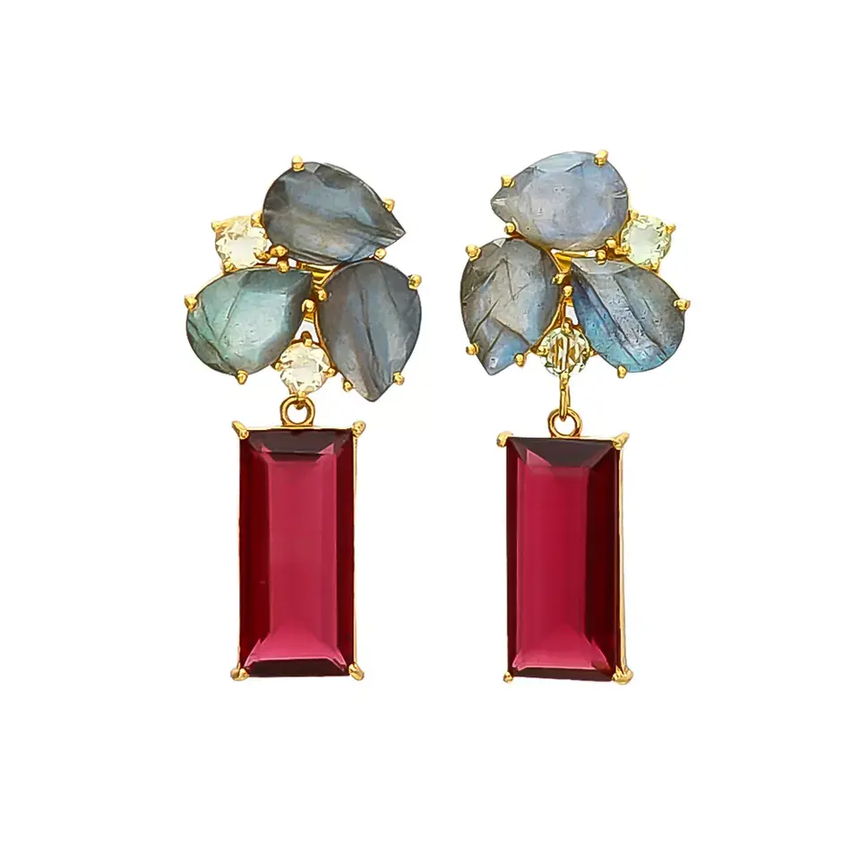 RUBY HYDRO AND LABRADORITE GEMSTONE BRASS EARRING LABRADORITE GEMSTONE GOLD PLATED BRASS EARRING