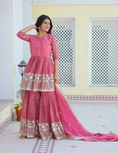 DESIGNER TOP SHARARA SET COM DUPATTA BORDADOS TRABALHO PARTY WEAR COMPLETO COSTADO AMARELO