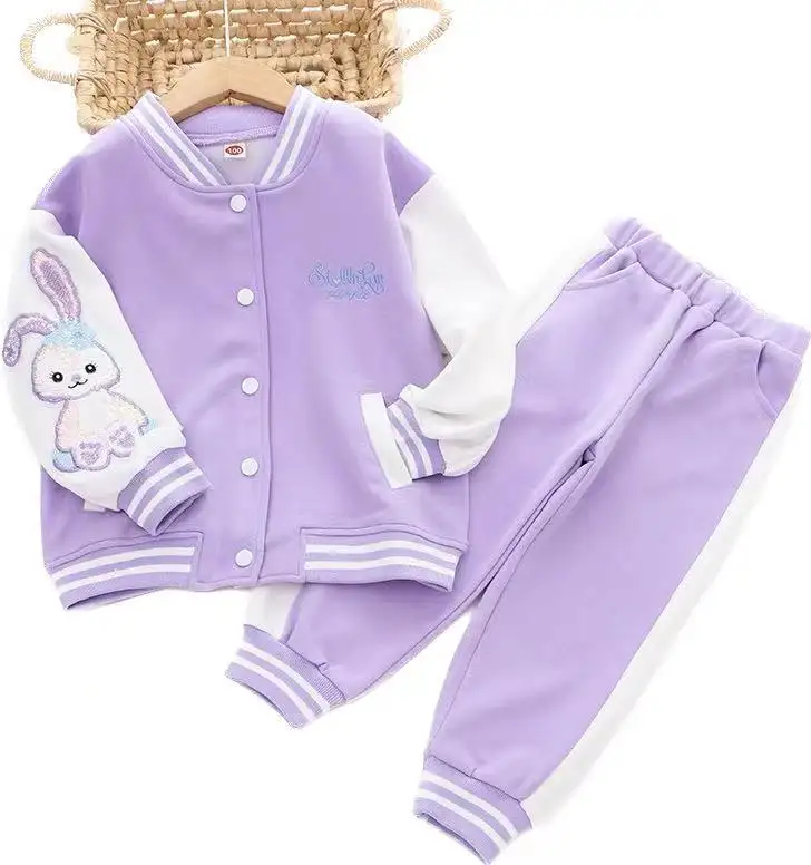 Roupas de bebê esportivas novas cores sólidas, conjunto de 2 peças com lantejoulas, coelho para 2 a 8 anos, crianças
