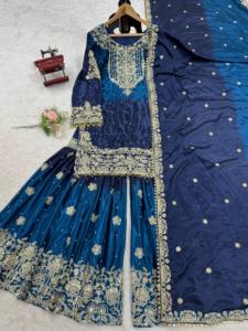 Elegant Same Colour Heavy Chinon Designer Suit Set Featuring Inner Sharara &amp; Dupatta with Intricate <strong>Coding</strong> <strong>Sequence</strong>