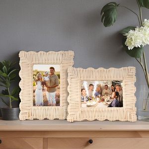 Juego de marcos de fotos rústicos tejidos a mano de 4x6 pulgadas, marcos de fotos de mesa de ratán para decoración del hogar, regalo de amigos