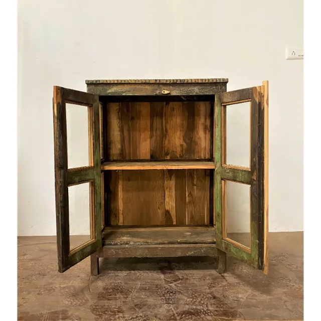 Armario antiguo hecho en madera de teca con vidrio para sala de estar, muebles de almacenamiento decorativos para decoración de granja